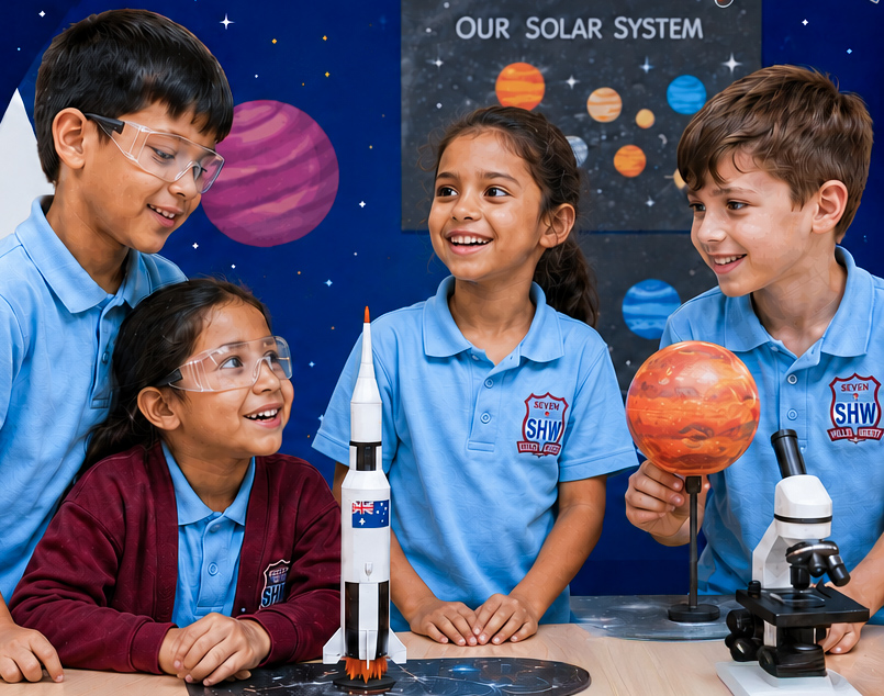 Primary students exploring a space-themed science activity with a rocket, planets and microscope